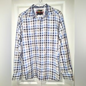 Robert Graham men's Shirt Blue Brown Plaid Flip Cuff w logo size Large. EUC